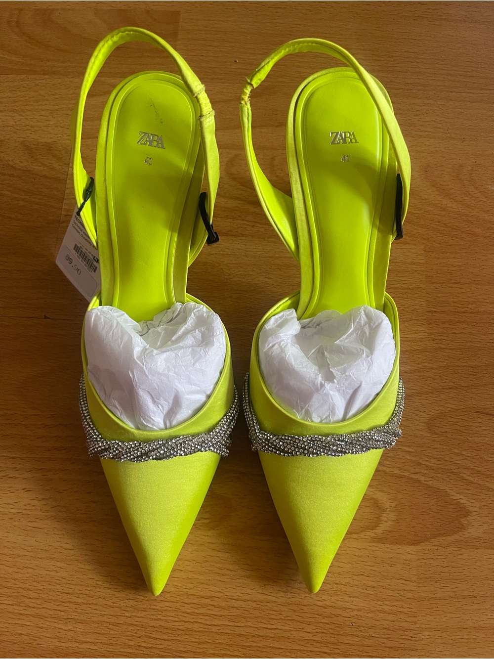ZARA Neon Lime Pointed Slingback Heels with Crystal Band